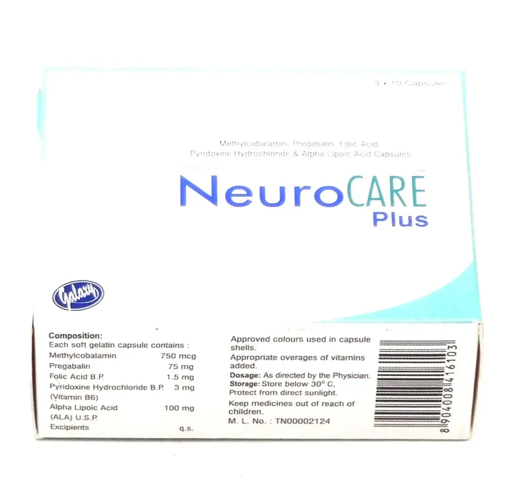 Pregabalin/Methylcobalamin/Folic Acid /Pyridoxine Hydrochloride/Alpha Lipoic Acid 75mg/750mcg/1.5 mg/3mg/100mg (Neurocare Plus)