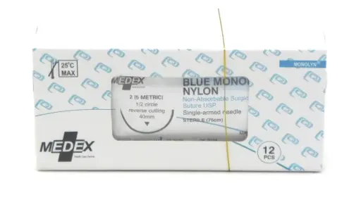 Nylon Surgical Sutures 40mm with Single Needle 75cm Size 2/0 Reverse Cutting (Medex)