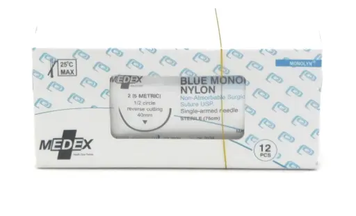 Nylon Surgical Sutures 40mm with Single Needle 75cm Size 2 Reverse Cutting (Medex)